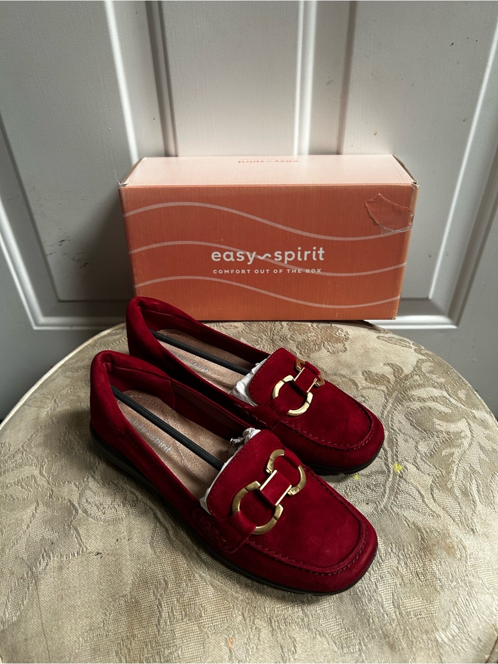 Easy Spirit Red Suede Loafers with Gold Accent Hardware